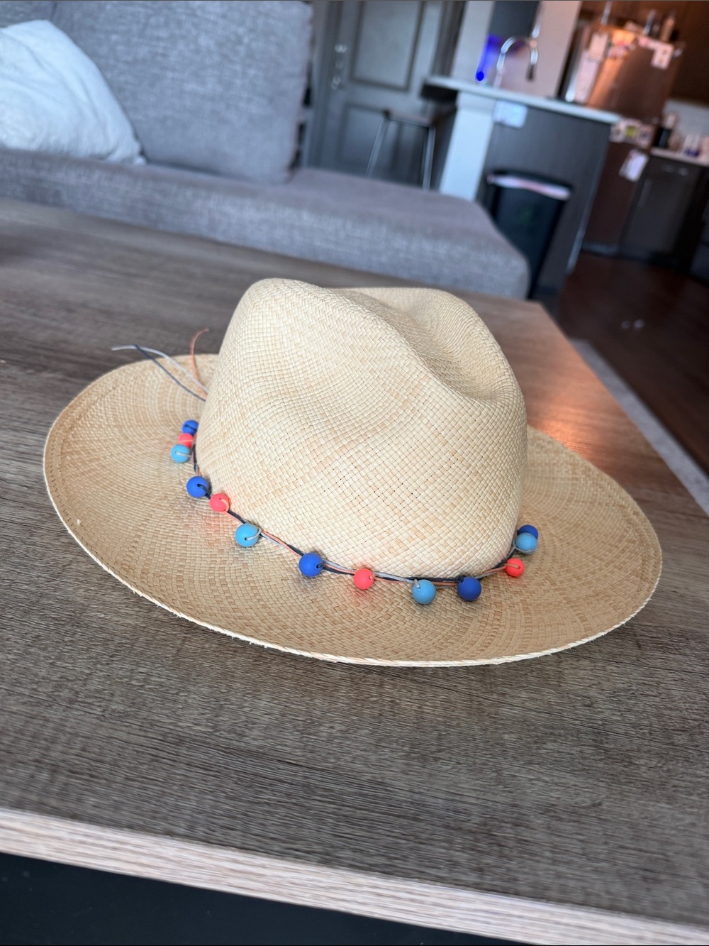 Artesano Straw Fedora Hat with Blue & Coral Bead Trim
